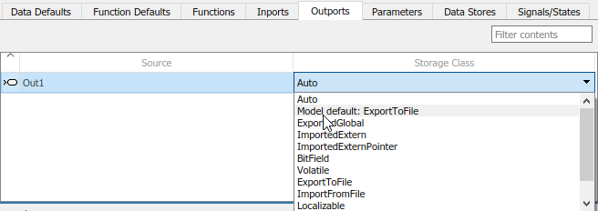 代码映射编辑器，选择Outports选项卡，选择outport Out1，并将存储类设置为Model default: ExportToFile。