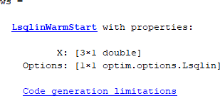 ws = LsqlinWarmStart属性X和选项和一个链接“代码生成的限制”