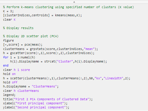 为群集数据任务生成的代码。代码使用kmeans函数对数据进行聚类，使用scatter函数显示结果。