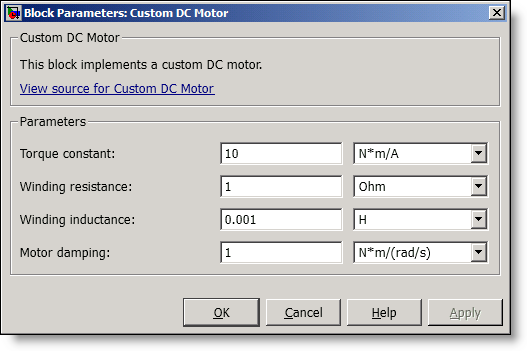 Simscape Custom DC Motor Parameters dialog box