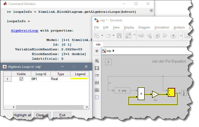 Loop highlighted using Simulink.BlockDiagram.getAlgebraicLoops