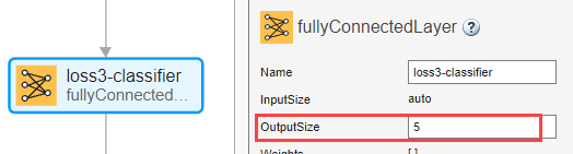 在深度网络设计器中选择全连接层。Properties窗格显示OutputSize设置为5。
