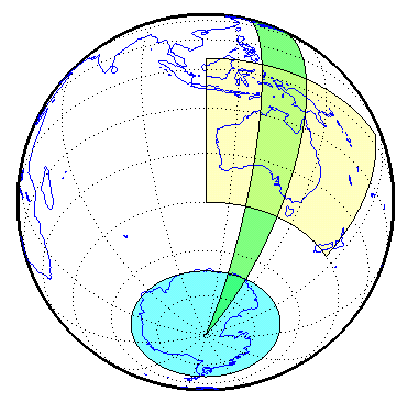 地球的正字法的视图。黄色的四边形覆盖澳大利亚、青色四边形包括南极洲,绿色四边形覆盖了9个小时的时区UTC。