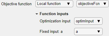 局部函数objectiveFcn，优化输入optimminput，固定输入a
