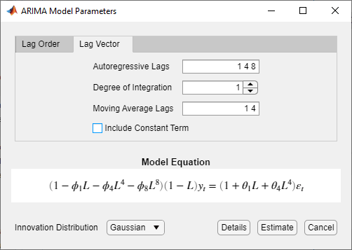 ARIMA模型参数对话框的“滞后向量”选项卡选中。自回归滞后设置为1 4 8,一体化程度是1,移动平均滞后设置为1 4。旁边的复选框”包括常数项”是没有选择。模型方程部分是底部。