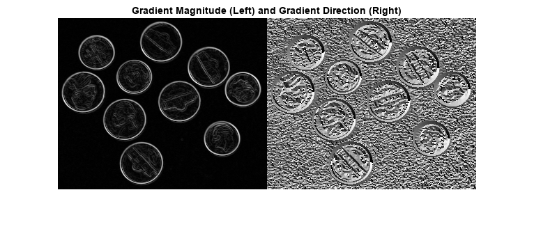 图中包含一个轴对象。标题为Gradient Magnitude(左)和Gradient Direction(右)的坐标轴对象包含一个image类型的对象。