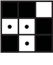 3乘3的网格，中间左边，中间和中间底部的方块白色，中间有黑色的圆圈。右上角的正方形是白色的，没有圆圈，其他所有的正方形都是黑色的。