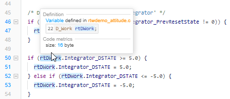 生成的代码显示光标悬停rtDwork变量和框代码定义和代码度量的细节。