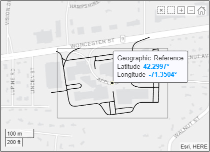 地图显示MathWorks苹果山校区的道路网络。地理参考点的纬度和经度42.2997度- 71.3504度。