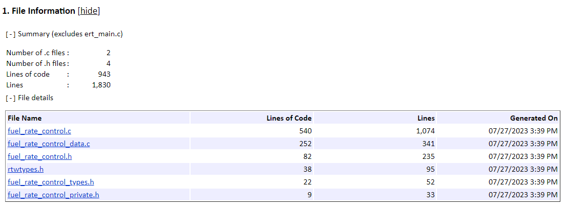 静态代码度量报告的文件信息部分。表格显示每个文件的文件名、代码行、行和生成日期的列。