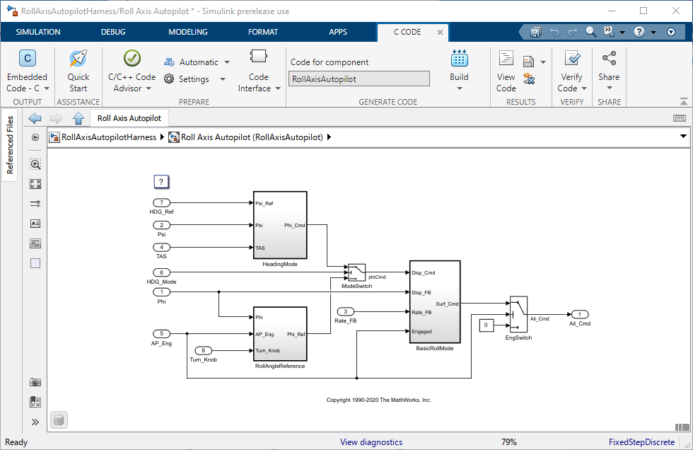 模型RollAxisAutopilot配置为嵌入式C代码。C代码选项卡显示代码生成选项。