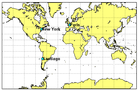纽约，圣地亚哥和巴黎标在世界地图上
