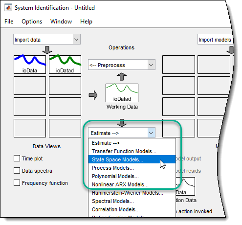 左部的系统识别应用,显示状态空间模型被选中。