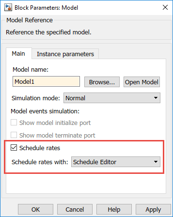 图像显示了模型块的参数对话框。事件仿真模型参数有一个“计划利率”。“进度率:”参数设置为“时间表编辑器”。